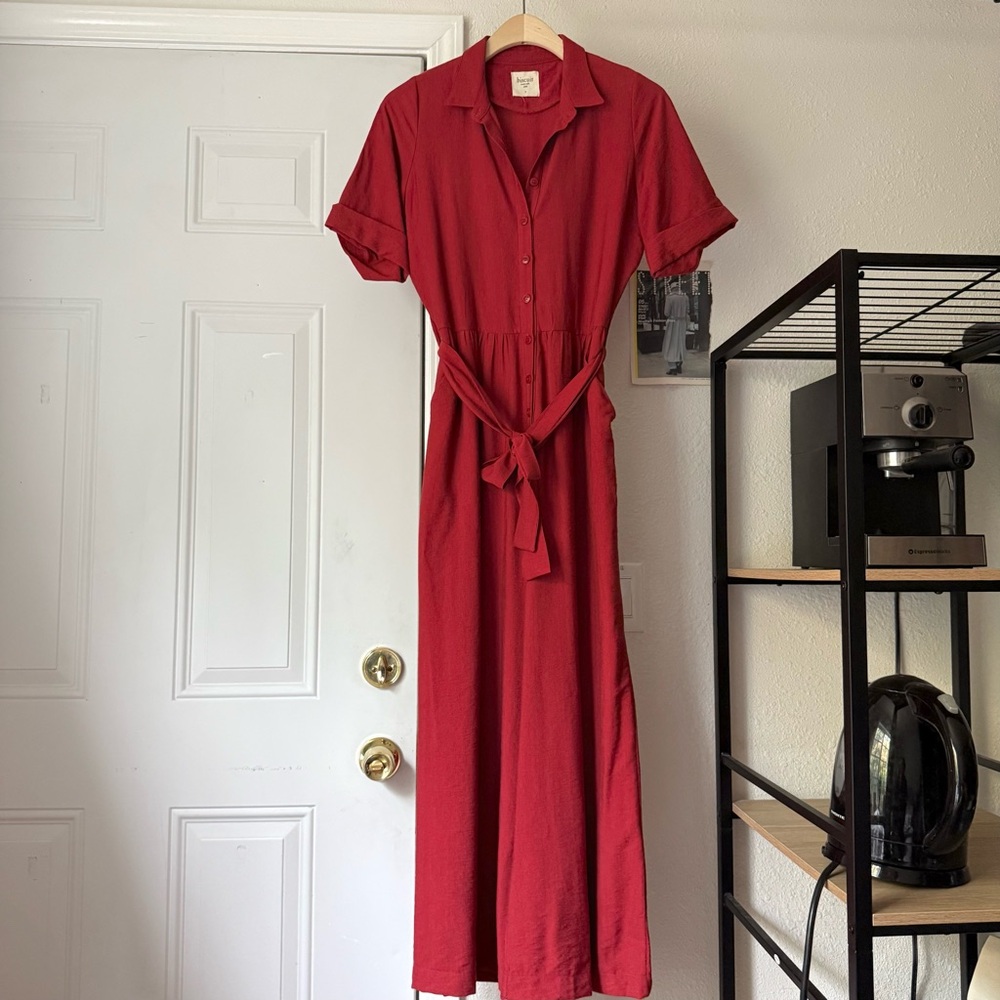 BISCUIT Spain red short sleeve belted button up straight leg cropped jumpsuit